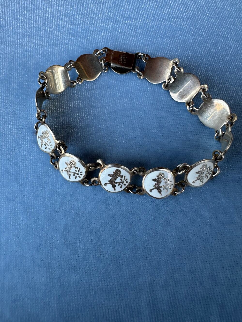 Vintage Siam Sterling Silver White Enamel Thai Dancer Link Bracelet